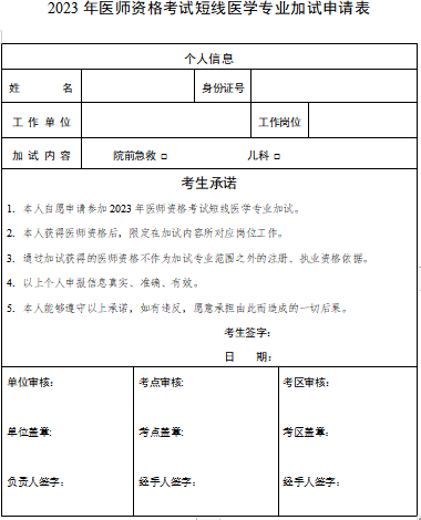 2023年医师资格考试短线医学专业加试申请表